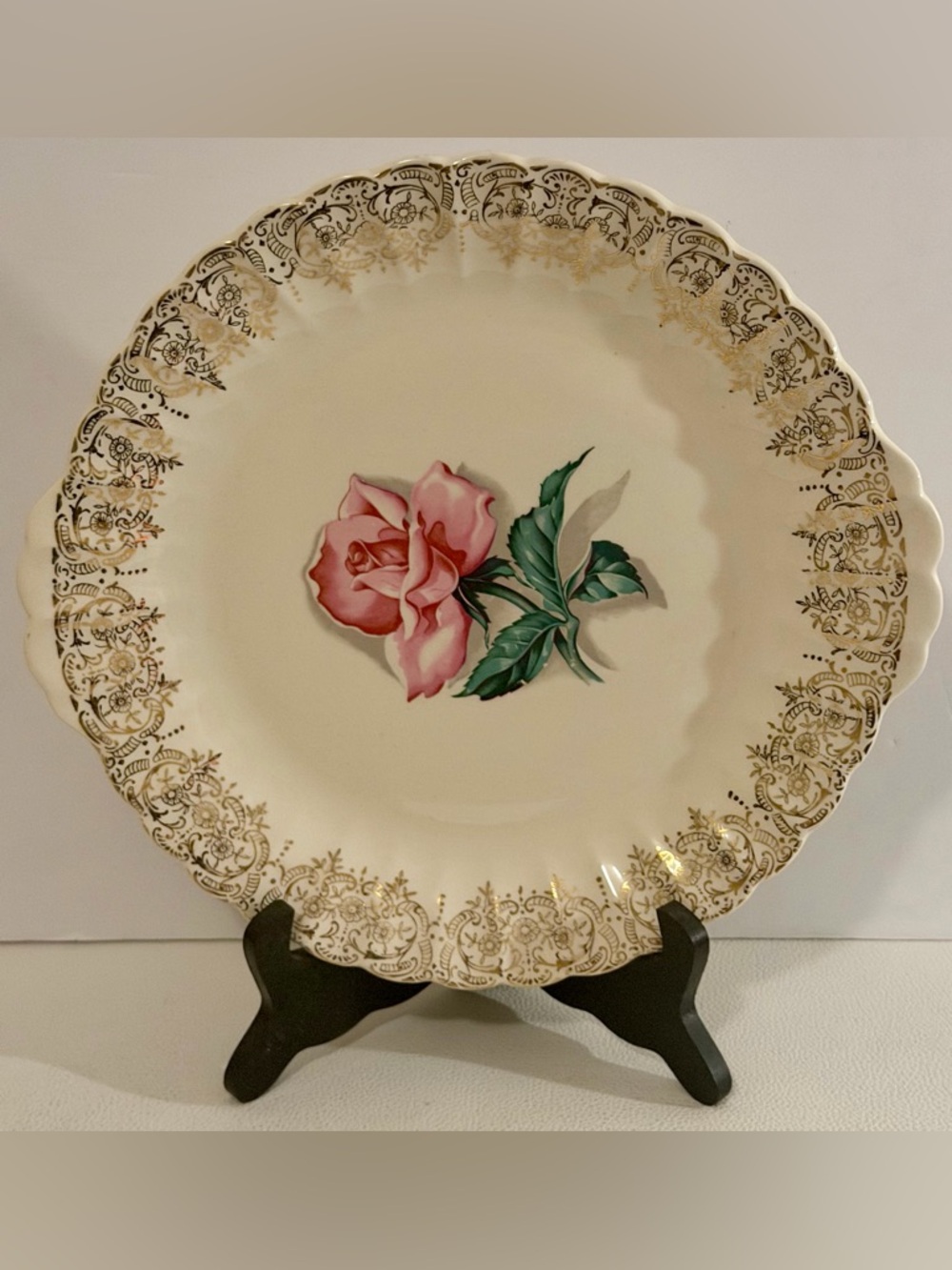 Vintage American Limoges Le Fleur Rouge 22K Gold Trim Pink Rose Serving Bowl USA
